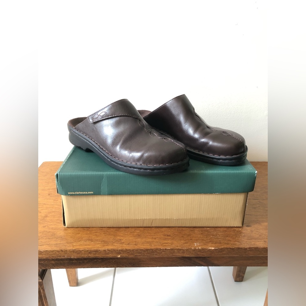 Clarks Brown Leather Velcro Mule Clogs